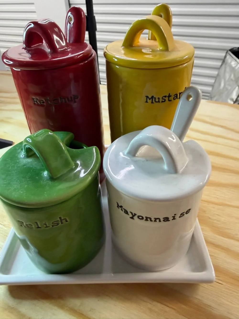 Pottery Barn Ceramic Condiment Set‎ in Red, Yellow, Green, and White
